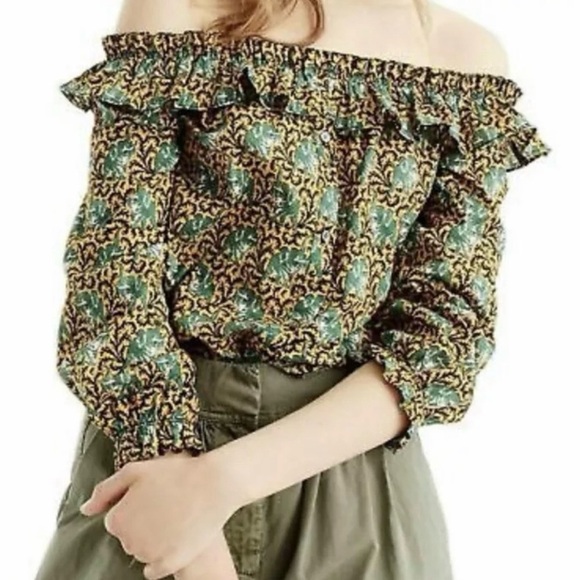 J. Crew Blouse Women’s Size 14 Yellow Off Shoulder Elephant Print Ruffle Cropped - Picture 1 of 8